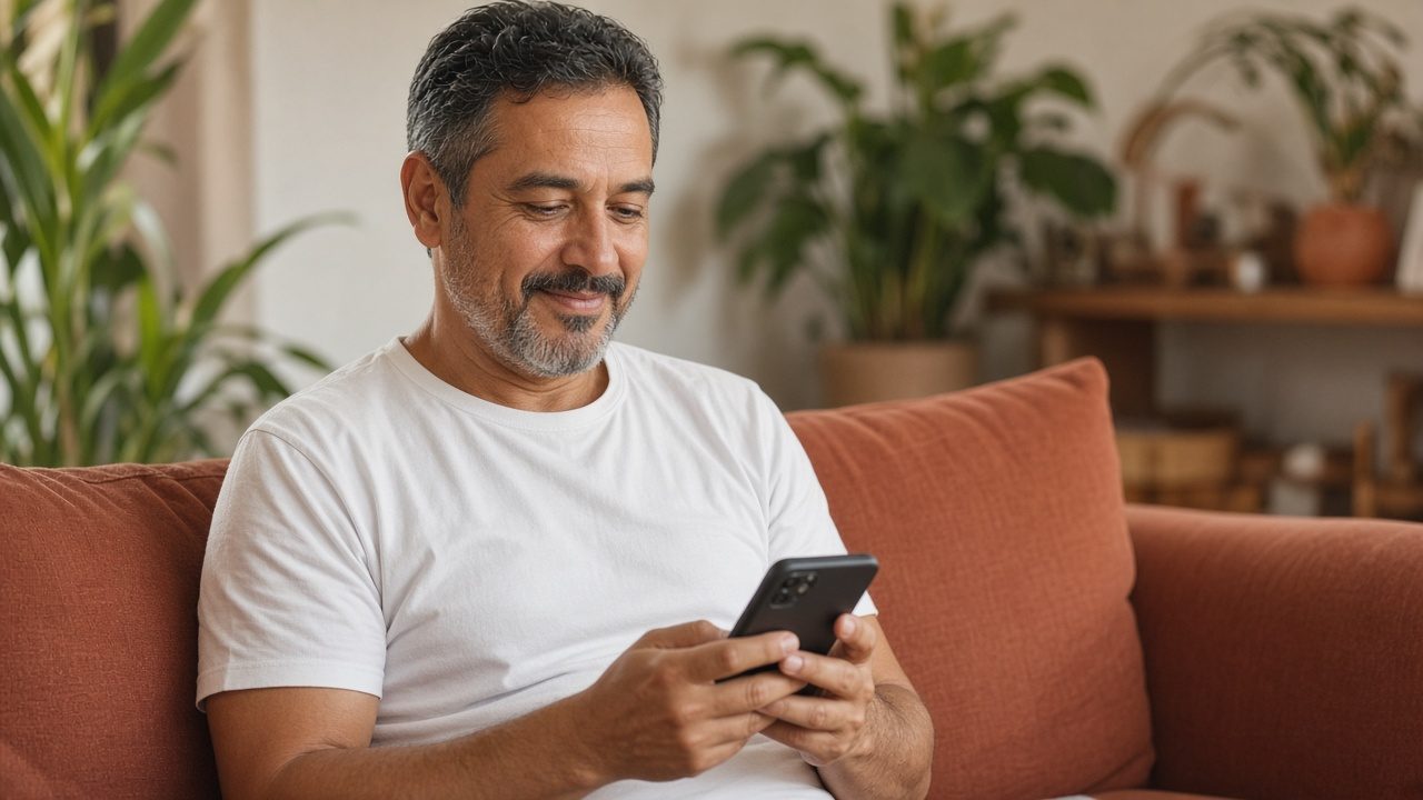 Homem de 50 anos no sofá com o celular